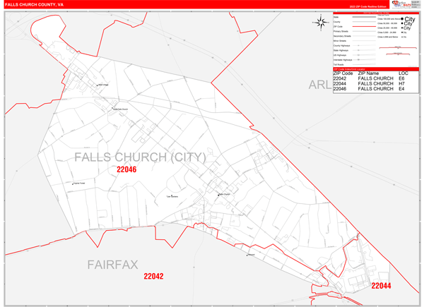 Falls Church County Va Zip Code Wall Map Red Line Style By Marketmaps